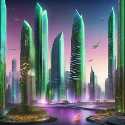 Create an image of a futuristic cityscape named 'Publicid Metarorica' with towering skyscrapers, flying vehicles, and vibrant neon lights illuminating the night sky