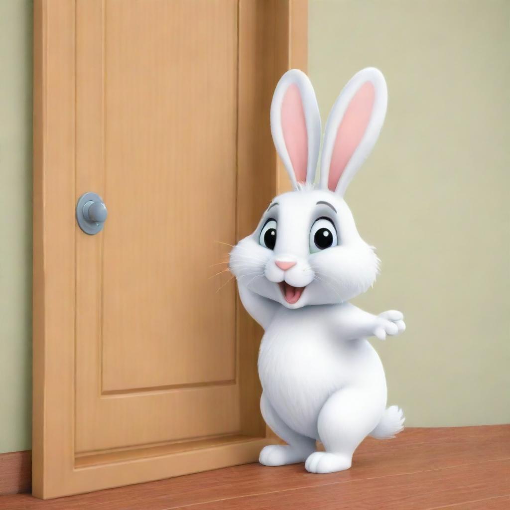 A cartoon scenario of a cute, humorous rabbit doing a knock knock joke