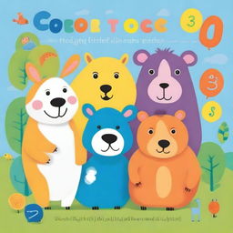 Create a children's book cover that features vibrant and colorful illustrations of animals, numbers, and colors