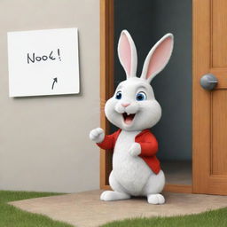 A cartoon scenario of a cute, humorous rabbit doing a knock knock joke