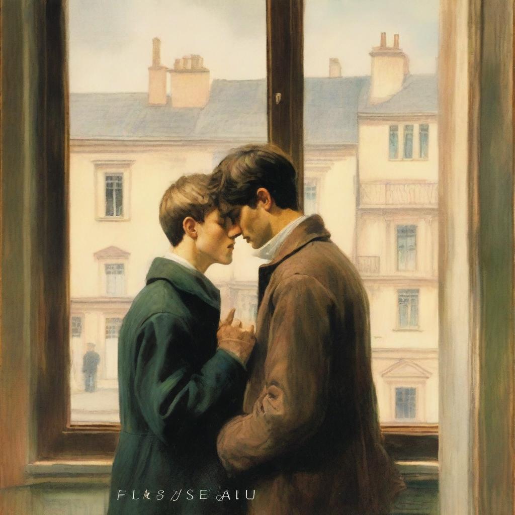 A book cover depicting two young men tenderly embracing near a large window, while another young man watches them from a distance