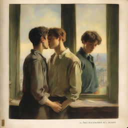 A book cover depicting two young men tenderly embracing near a large window, while another young man watches them from a distance