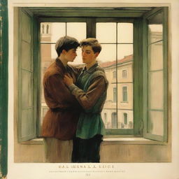 A book cover depicting two young men tenderly embracing near a large window, while another young man watches them from a distance