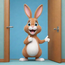 A cartoon scenario of a cute, humorous rabbit doing a knock knock joke