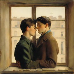 A book cover depicting two young men tenderly embracing near a large window, while another young man watches them from a distance