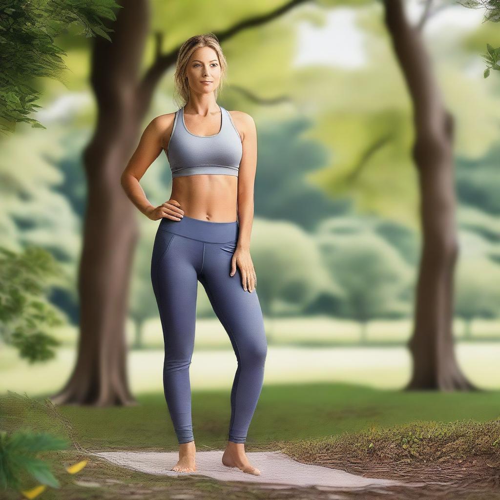 A photorealistic image of a beautiful woman wearing yoga pants