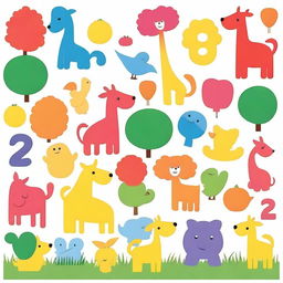 Create an educational image that helps children learn colors, numbers, and animals