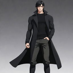 Realistic depiction of an extremely masculine and muscular anime boy with a short mullet hairstyle. He is wearing a black long coat, black sweater, and long boots. Character drawn in a Japanese animation style.