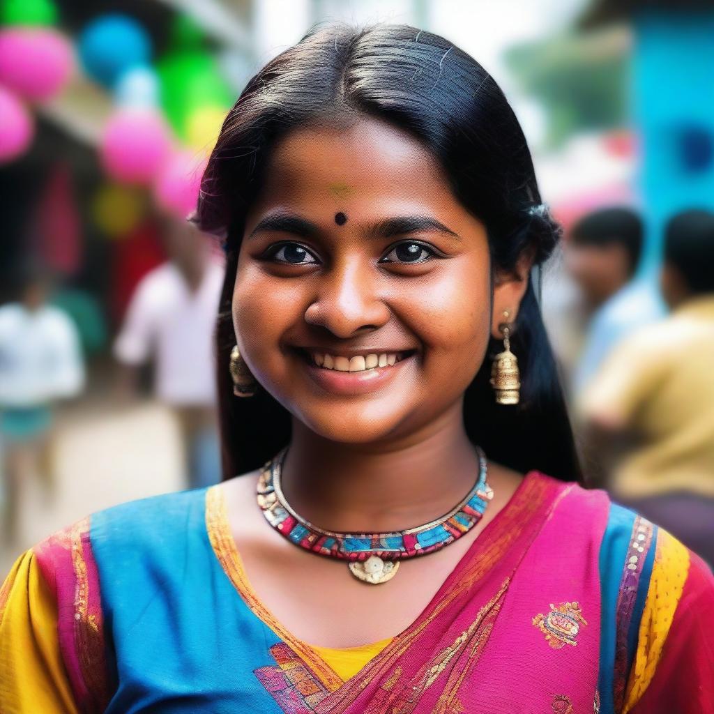 A chubby Bangladeshi girl, around 20 years old, with fair skin and blue eyes