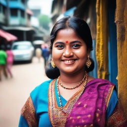 A chubby Bangladeshi girl, around 20 years old, with fair skin and blue eyes