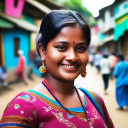 A chubby Bangladeshi girl, around 20 years old, with fair skin and blue eyes