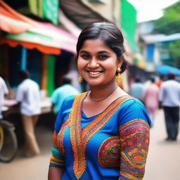 A chubby Bangladeshi girl, around 20 years old, with fair skin and blue eyes