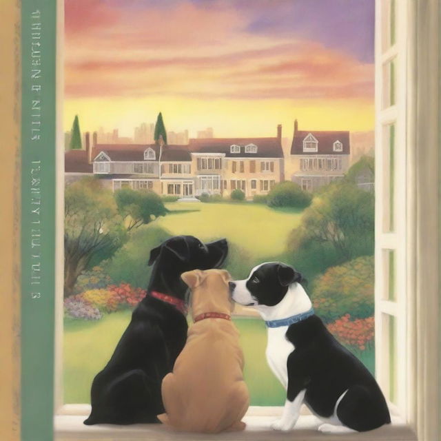 A book cover depicting two young men tenderly embracing near a large window of a house with a garden