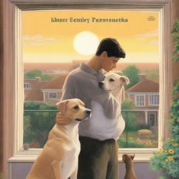 A book cover depicting two young men tenderly embracing near a large window of a house with a garden