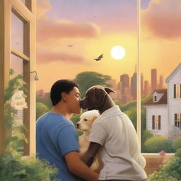 A book cover depicting two young men tenderly embracing near a large window of a house with a garden