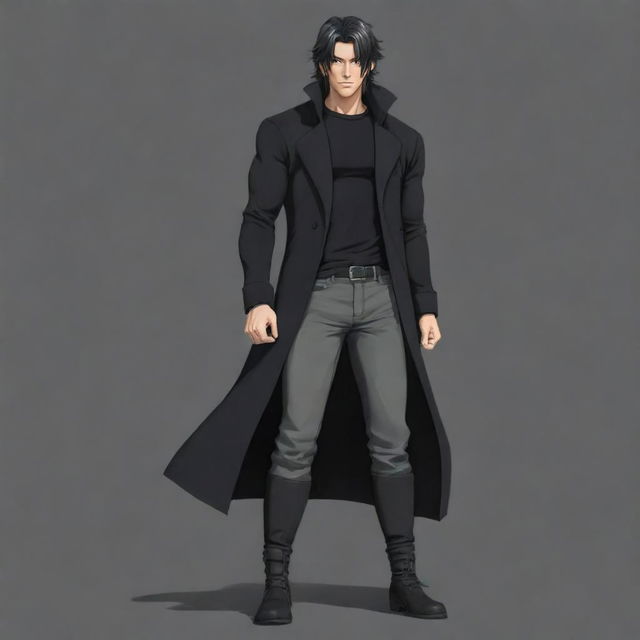 Realistic depiction of an extremely masculine and muscular anime boy with a short mullet hairstyle. He is wearing a black long coat, black sweater, and long boots. Character drawn in a Japanese animation style.