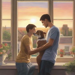 Two young men tenderly embracing near a large window of a house with a garden