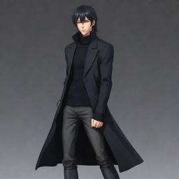 Realistic depiction of an extremely masculine and muscular anime boy with a short mullet hairstyle. He is wearing a black long coat, black sweater, and long boots. Character drawn in a Japanese animation style.