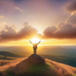 A serene and peaceful scene depicting faith, with a person standing on a hilltop with their hands raised towards the sky, surrounded by a beautiful sunset