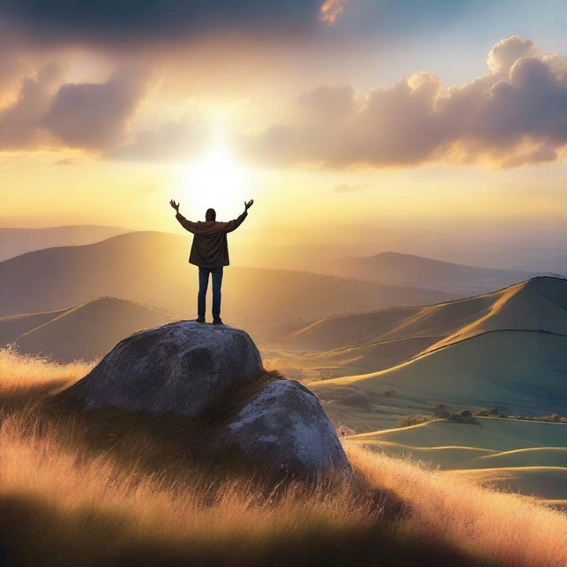 A serene and peaceful scene depicting faith, with a person standing on a hilltop with their hands raised towards the sky, surrounded by a beautiful sunset