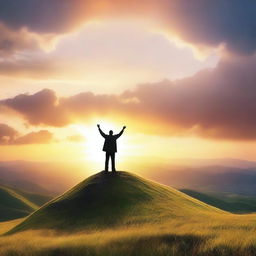 A serene and peaceful scene depicting faith, with a person standing on a hilltop with their hands raised towards the sky, surrounded by a beautiful sunset