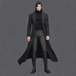 Realistic depiction of an extremely masculine and muscular anime boy with a short mullet hairstyle. He is wearing a black long coat, black sweater, and long boots. Character drawn in a Japanese animation style.