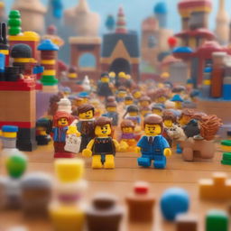 A dynamic and colorful scene from a Lego movie, featuring various Lego characters in an adventurous setting