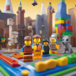 A dynamic and colorful scene from a Lego movie, featuring various Lego characters in an adventurous setting