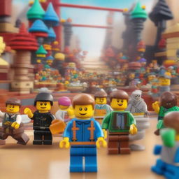 A dynamic and colorful scene from a Lego movie, featuring various Lego characters in an adventurous setting