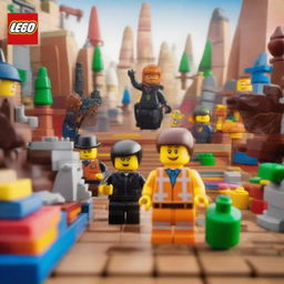 A dynamic and colorful scene from a Lego movie, featuring various Lego characters in an adventurous setting