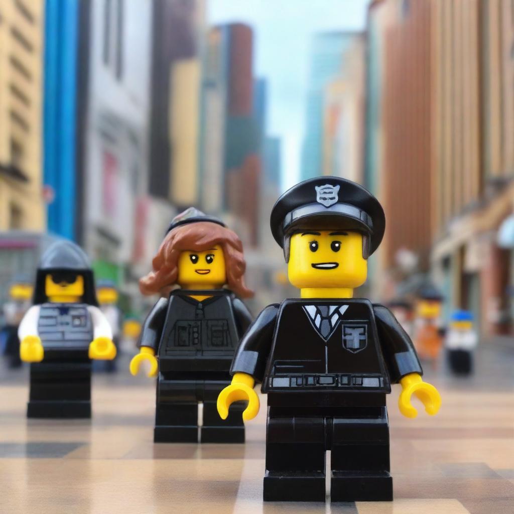 A dynamic scene from a Lego movie featuring a brave Lego girl, an evil criminal Lego gang, and a heroic Lego policeman