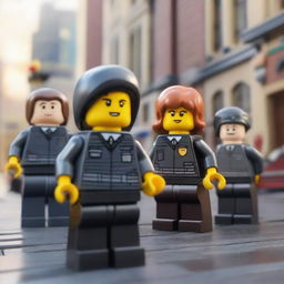 A dynamic scene from a Lego movie featuring a brave Lego girl, an evil criminal Lego gang, and a heroic Lego policeman