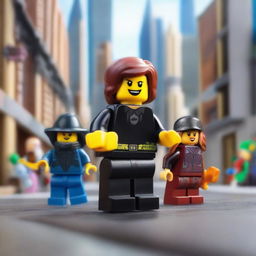 A dynamic scene from a Lego movie featuring a brave Lego girl, an evil criminal Lego gang, and a heroic Lego policeman