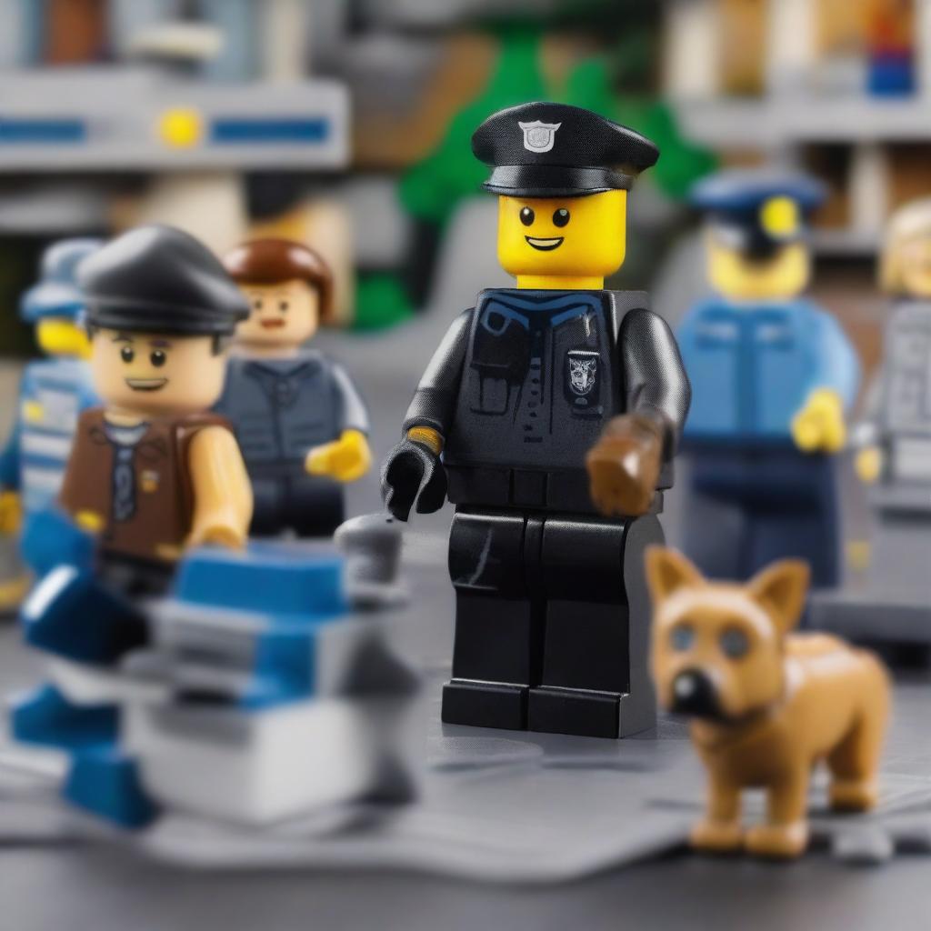 A Lego figure dressed as a police officer standing next to a police dog