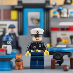 A Lego figure dressed as a police officer standing next to a police dog