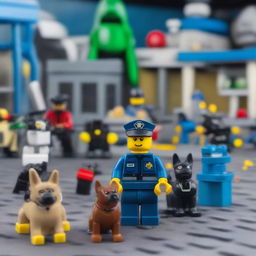 A Lego figure dressed as a police officer standing next to a police dog