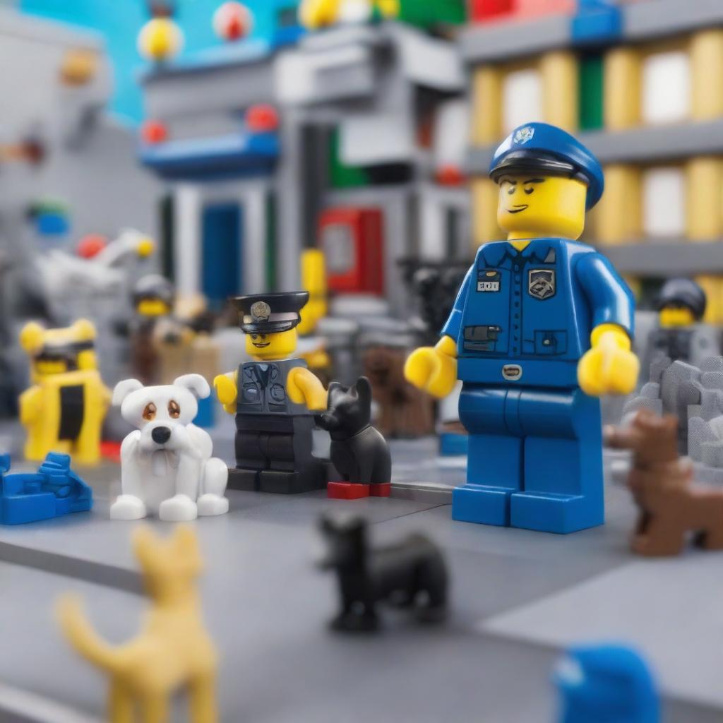 A Lego figure dressed as a police officer standing next to a police dog