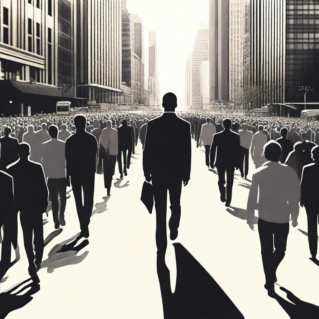 A powerful and evocative scene showing a person walking against a crowd of people