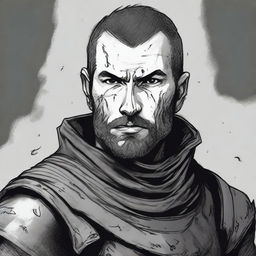 A dark DND illustration in black and white of a 30-year-old medieval soldier with no helmet, wearing a grizzled expression