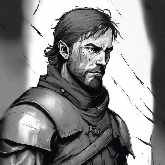 A dark DND illustration in black and white of a 30-year-old medieval soldier with no helmet, wearing a grizzled expression