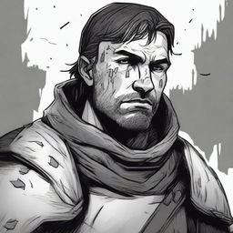 A dark DND illustration in black and white of a 30-year-old medieval soldier with no helmet, wearing a grizzled expression