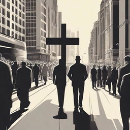 A powerful and evocative scene showing a Christian walking against a crowd of people