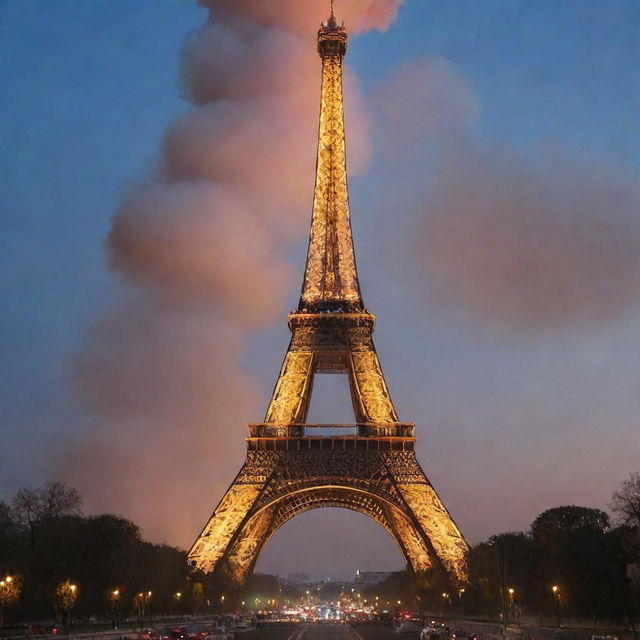 The iconic Eiffel Tower at dusk, with a dramatic illusion of smoke and fire emanating from it, while remaining unscathed.