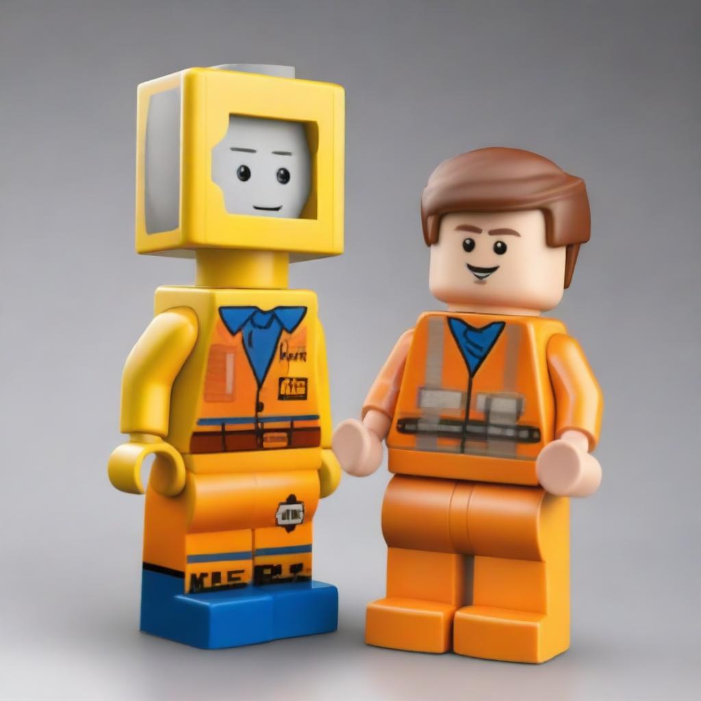 Create an image inspired by The LEGO Movie, featuring Emmet Brickowski, an ordinary Lego minifigure who is mistakenly identified as the most extraordinary person and the key to saving the Lego universe