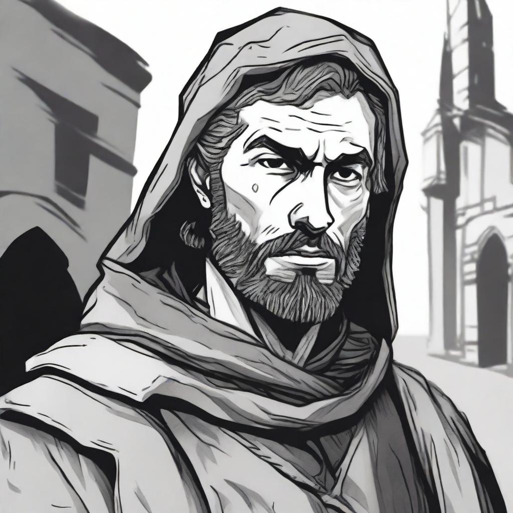 A dark DND illustration in black and white of a 30-year-old medieval man wearing a grizzled expression