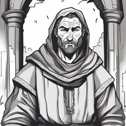 A dark DND illustration in black and white of a 30-year-old medieval man wearing a grizzled expression