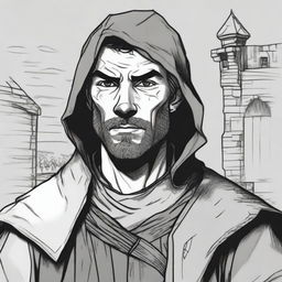 A dark DND illustration in black and white of a 30-year-old medieval man wearing a grizzled expression