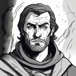 A dark DND illustration in black and white of a 30-year-old medieval man wearing a grizzled expression