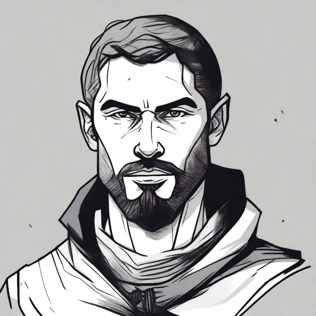 A dark DND illustration in black and white of a 30-year-old medieval man wearing a neutral expression