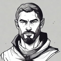 A dark DND illustration in black and white of a 30-year-old medieval man wearing a neutral expression